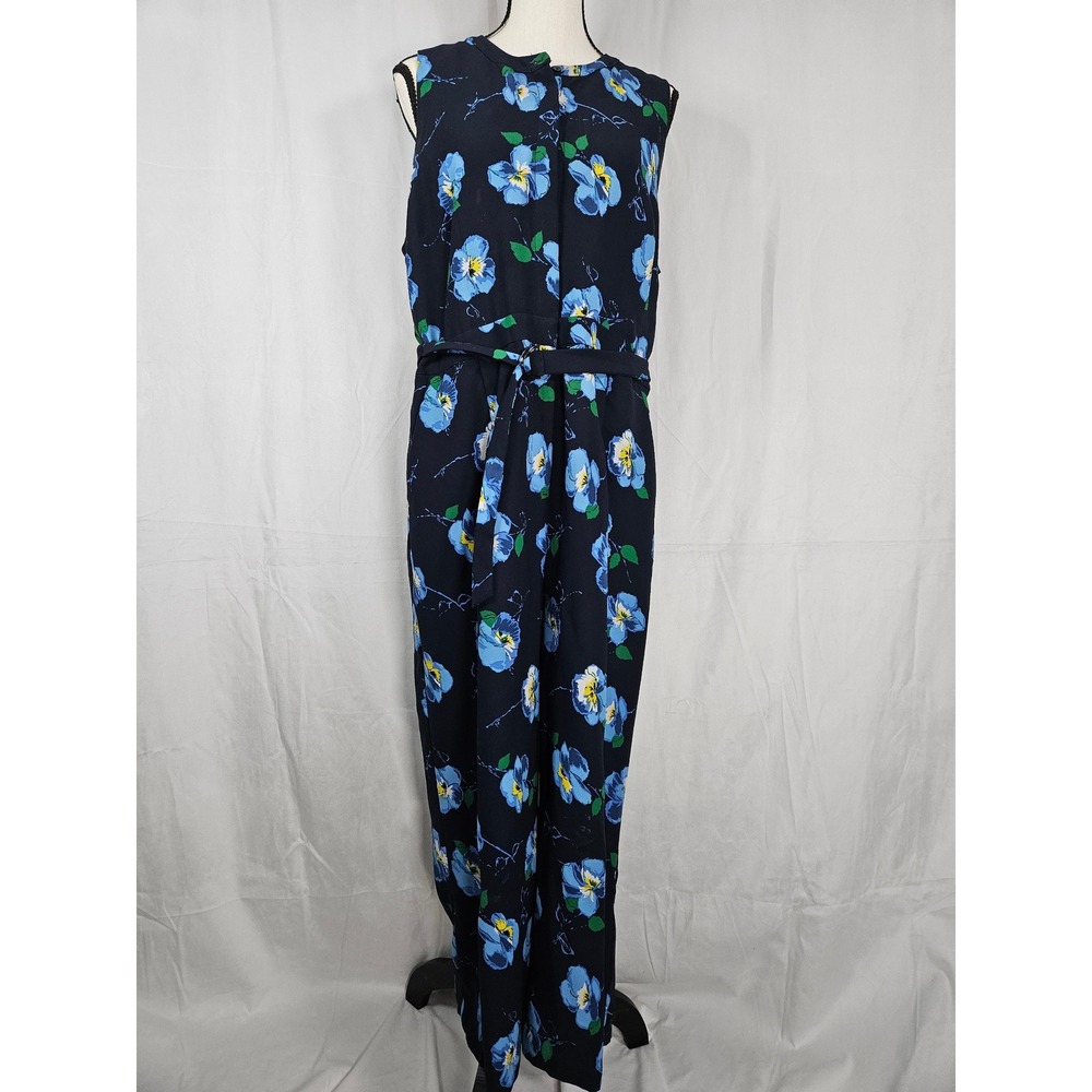 Banana‎ Republic Size 14 Blue Floral Belted Sleeveless Wide Leg Jumpsuit